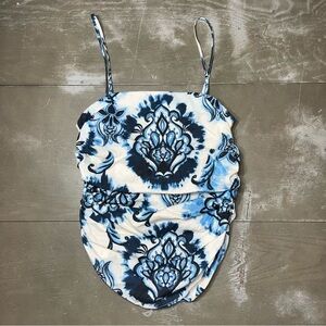 Zara White Tank With Blue Floral Print Runched NWOT Womens Small